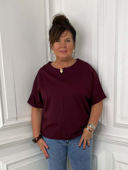 Boxy Scuba Button Top - Merlot