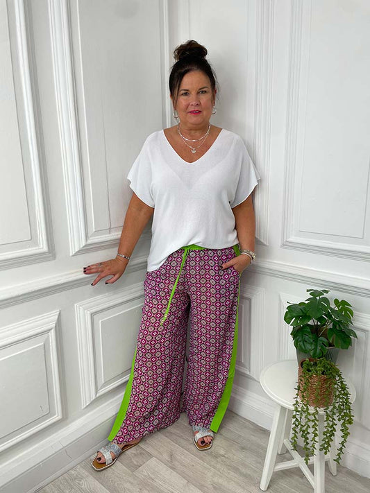 Malissa J Tile Print Split Side Trousers - Lime & Pink