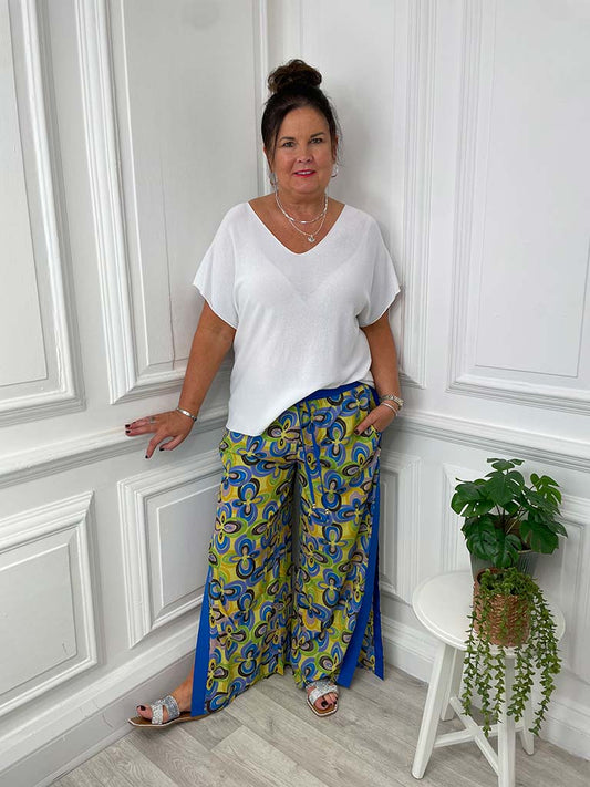 Malissa J Floral Print Split Side Trousers - Blue Multi