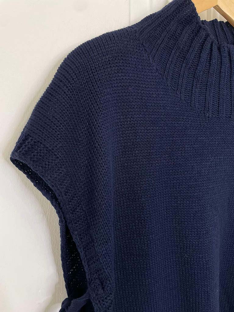 High Neck Tie Tank Knit - Navy