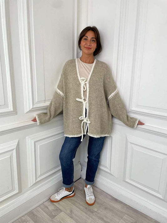 Blanket Stitch Tie Cardigan - Stone