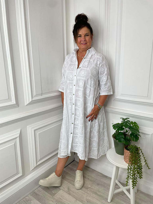Embroidered Cotton Shirt Dress - White
