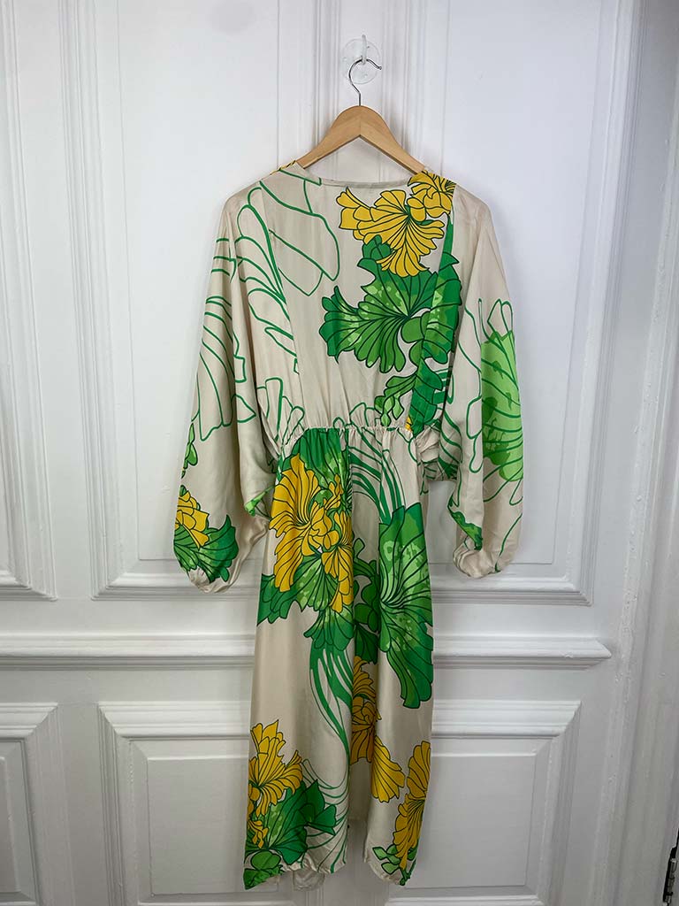 Silk Mix Flower Print Midi Dress - Apple Yellow Mix
