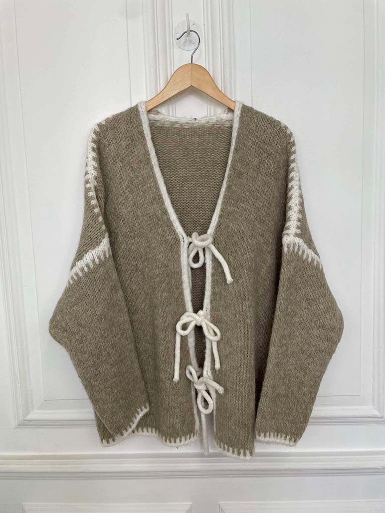 Blanket Stitch Tie Cardigan - Stone