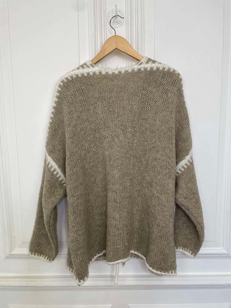 Blanket Stitch Tie Cardigan - Stone