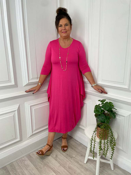 Basic 3/4 Sleeve Layering Dress - Hot Pink