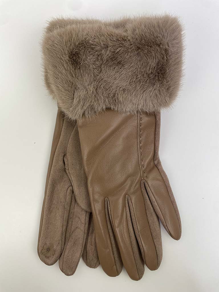 Faux Fur & Leather Gloves - Fawn