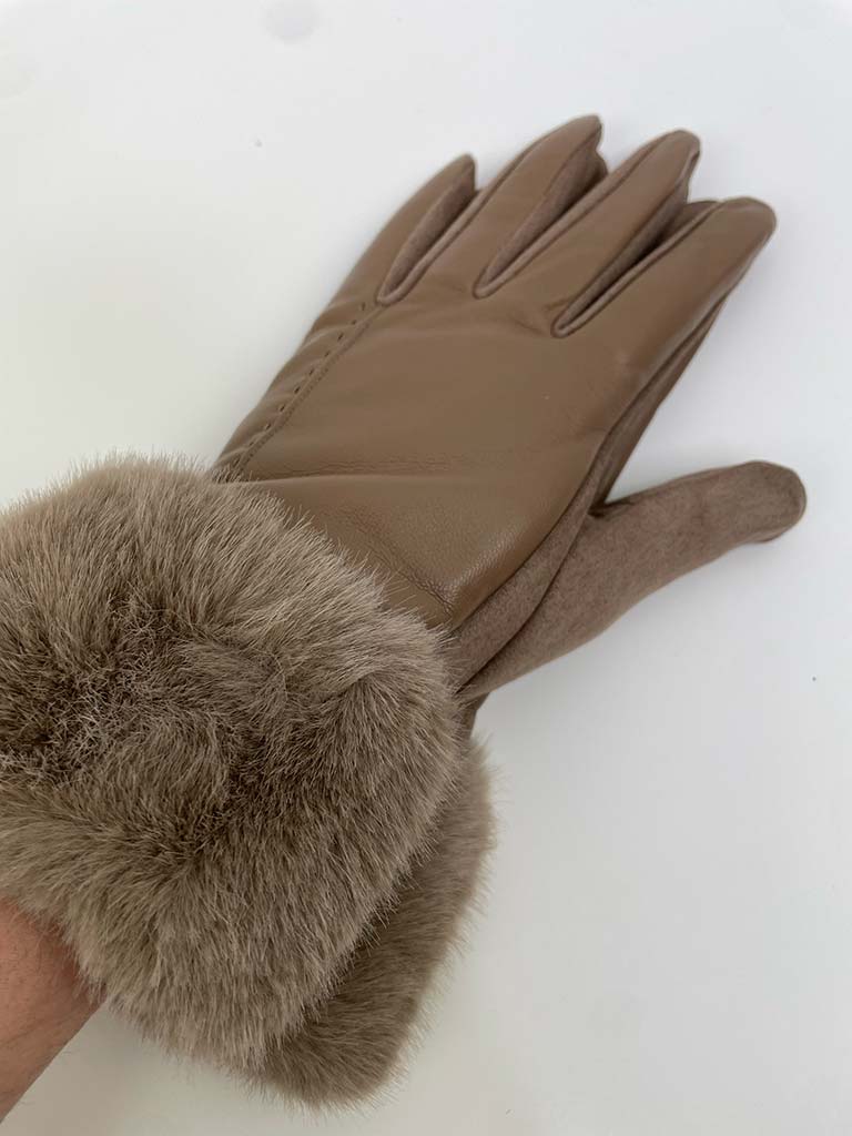 Faux Fur & Leather Gloves - Fawn