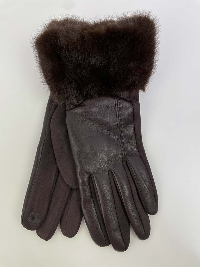 Faux Fur & Leather Gloves - Chocolate