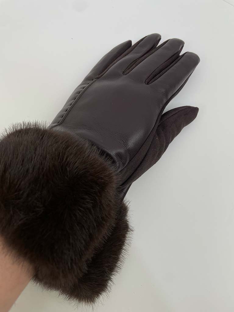 Faux Fur & Leather Gloves - Chocolate