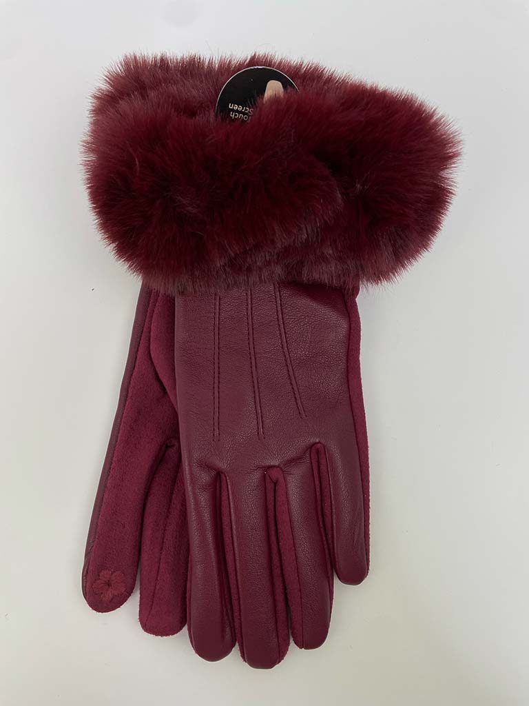 Faux Fur & Leather Gloves - Burgundy