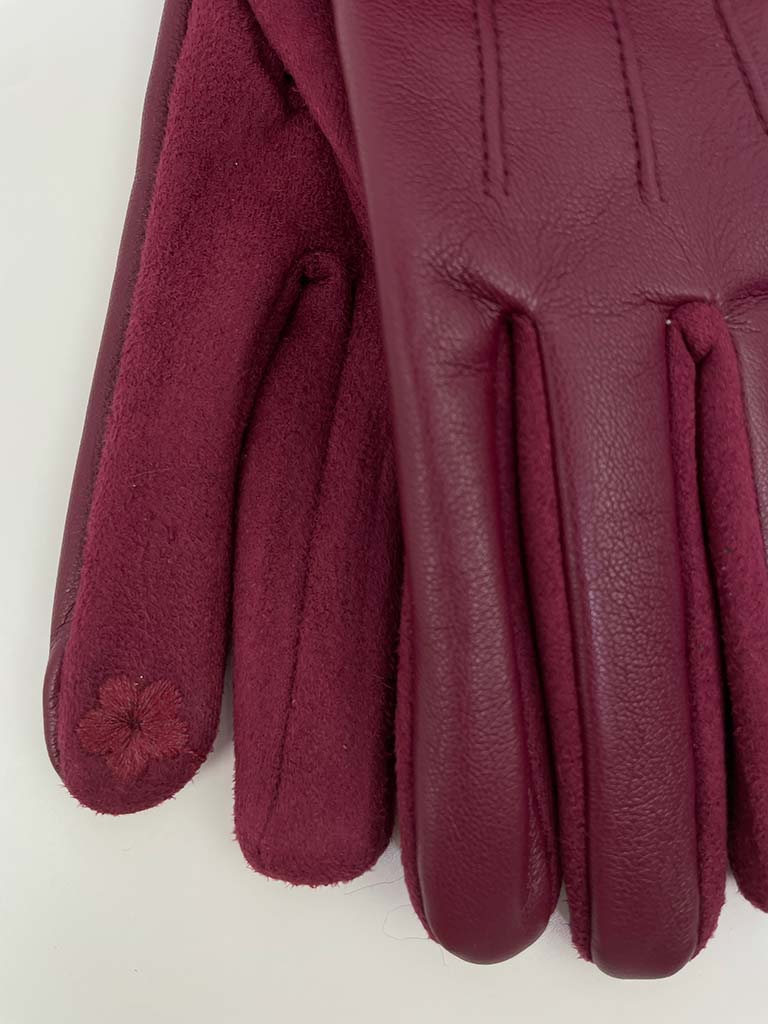 Faux Fur & Leather Gloves - Burgundy