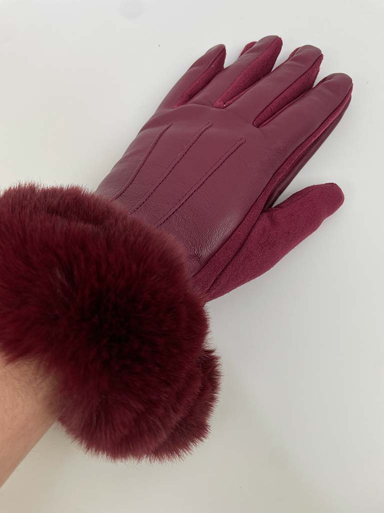 Faux Fur & Leather Gloves - Burgundy