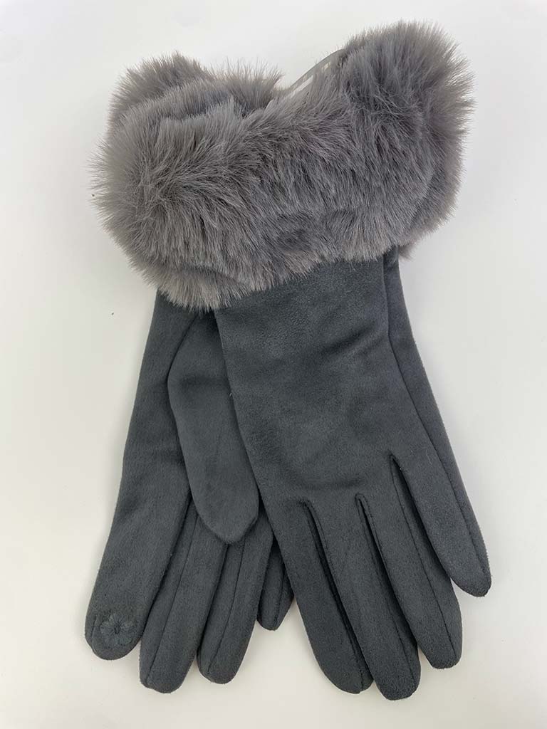 Faux Fur & Suede Gloves - Steel