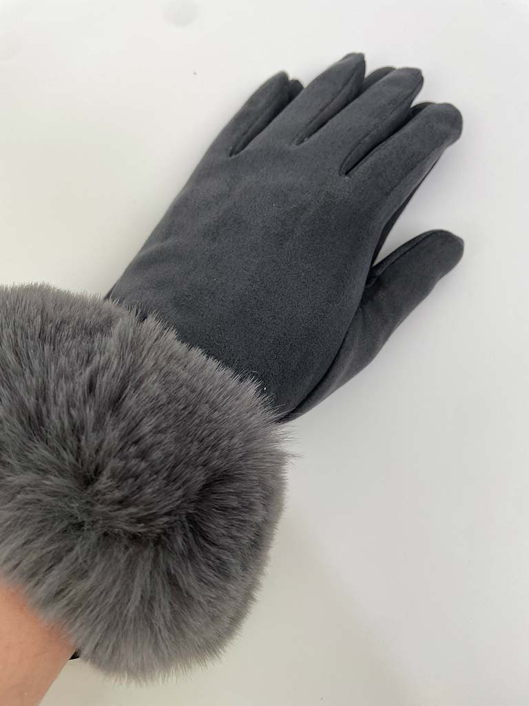 Faux Fur & Suede Gloves - Steel