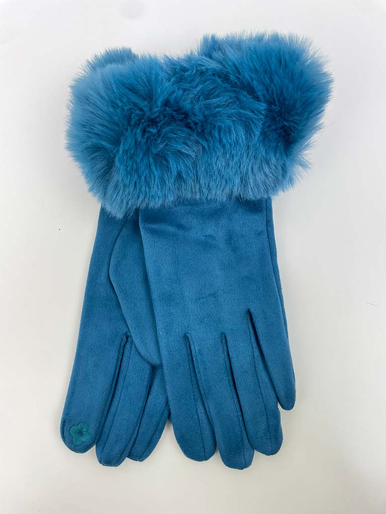 Faux Fur & Suede Gloves - Teal