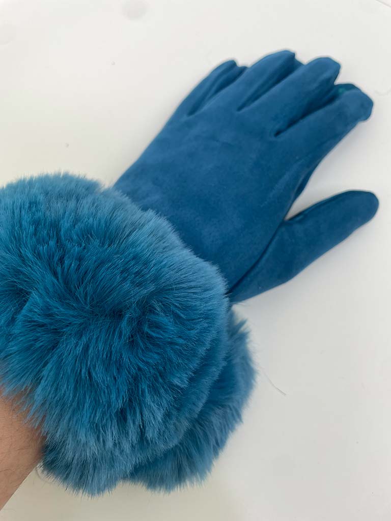 Faux Fur & Suede Gloves - Teal