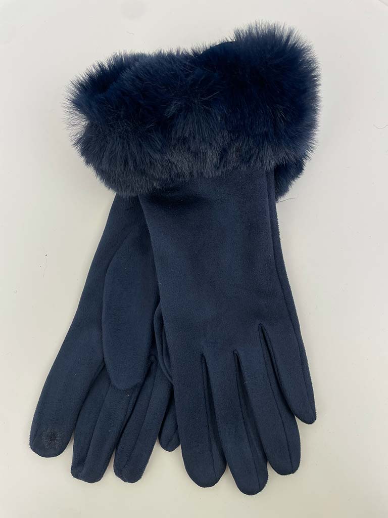 Faux Fur & Suede Gloves - Navy