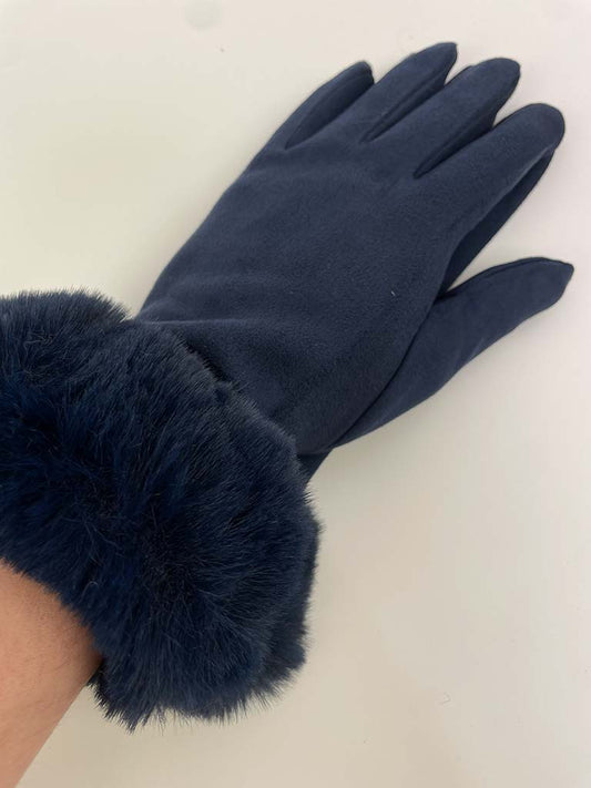 Faux Fur & Suede Gloves - Navy