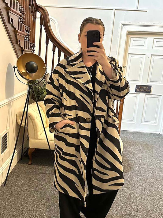 Luxe Zebra Double Breasted Coat - Stone