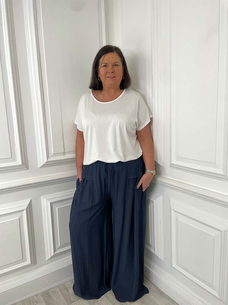 Wide Leg Pocket Detail Trousers - Navy