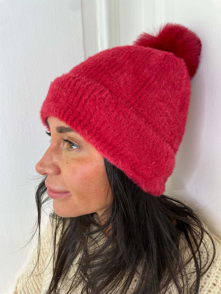 Fleece Lined Bobble Hat - Red