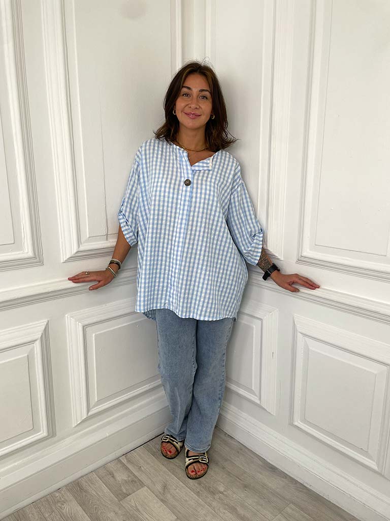 Gingham Dip Back Top - Sky