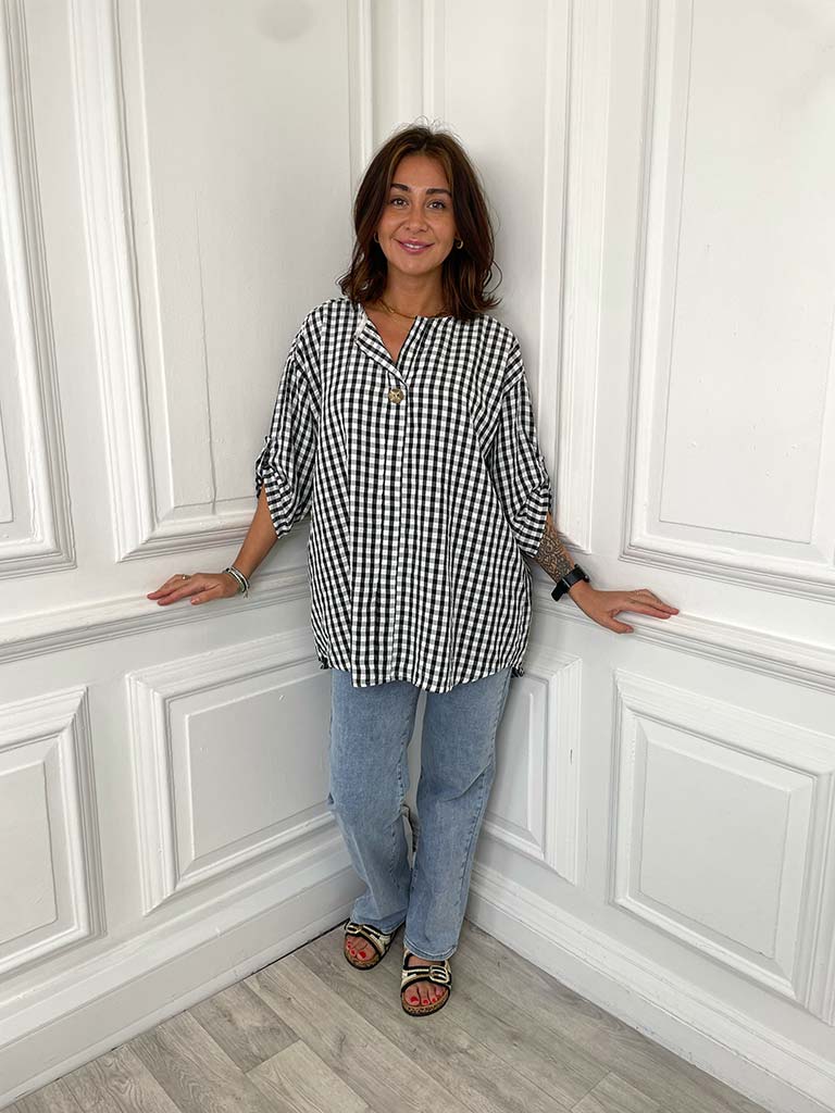 Gingham Dip Back Top - Black