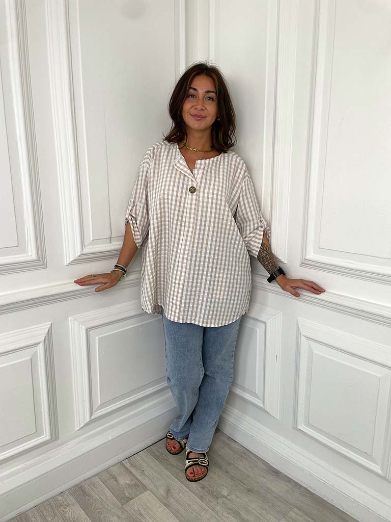 Gingham Dip Back Top - Stone