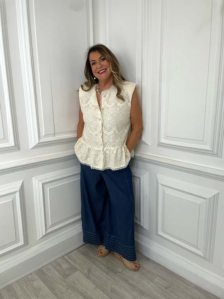 Malissa J Crochet Waistcoat Top - Stone