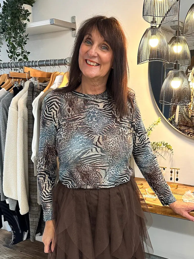 Print Mesh Layering Top - Teal Animal