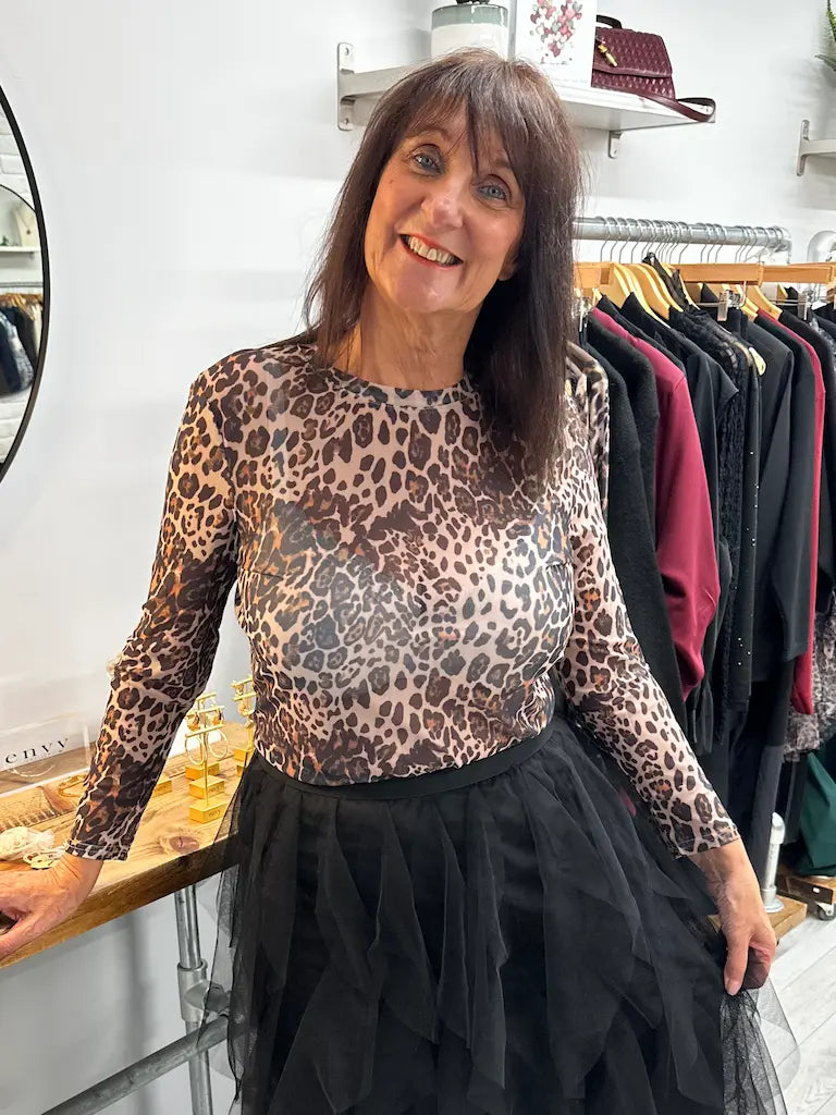 Print Mesh Layering Top - Natural Leopard