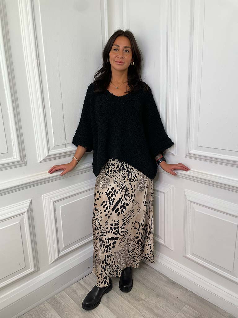 Silk Mix Animal Print Skirt - Natural & Black