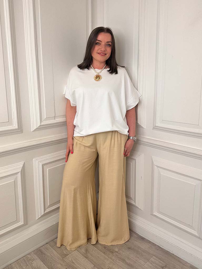 Shirred Wide Leg Trousers - Sand