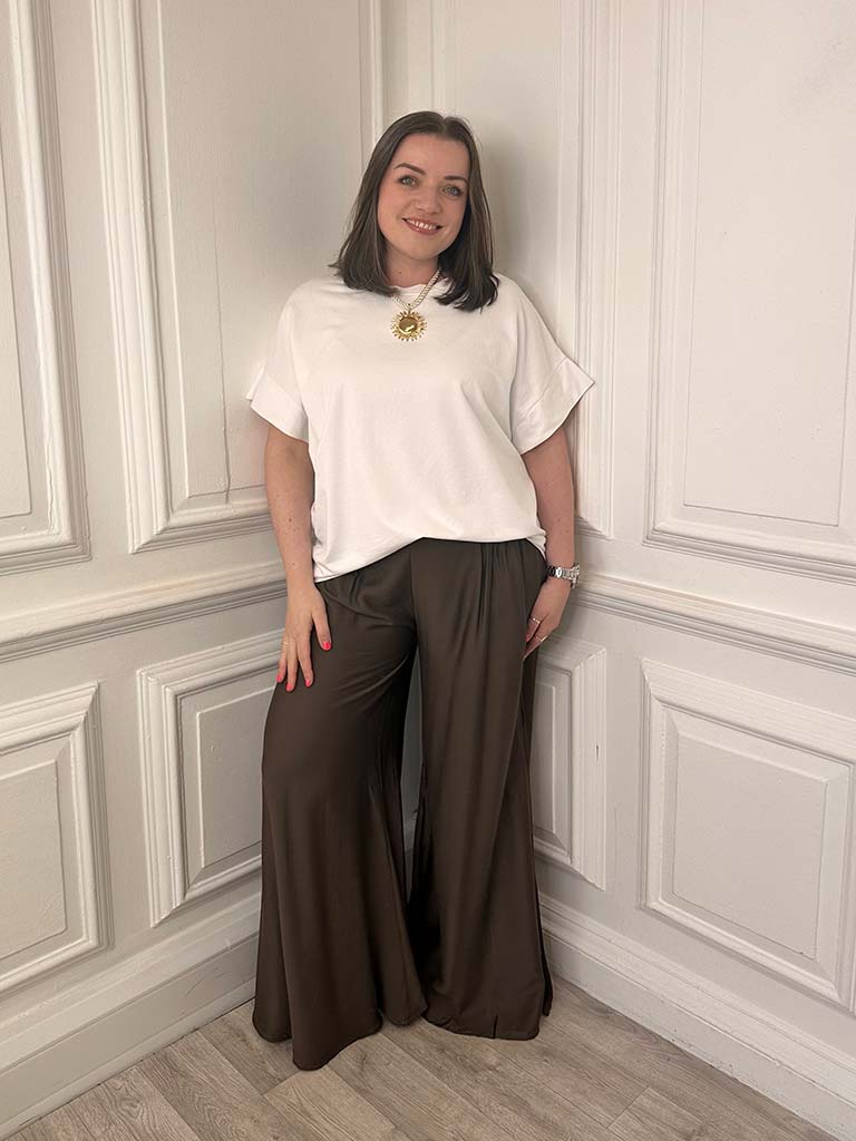 Shirred Wide Leg Trousers - Chocolate