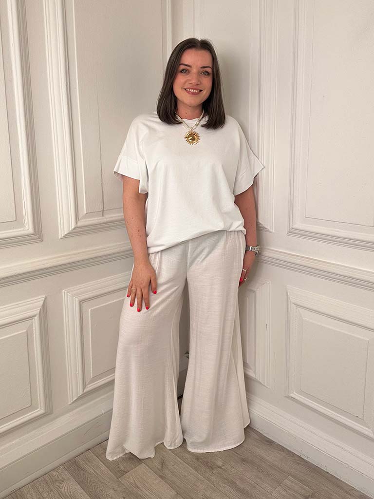 Shirred Wide Leg Trousers - White