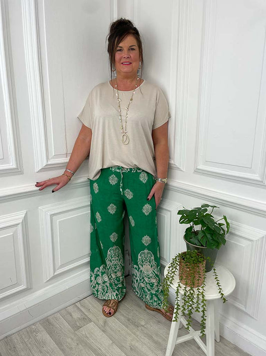 Baroque Wide Leg Trousers - Emerald