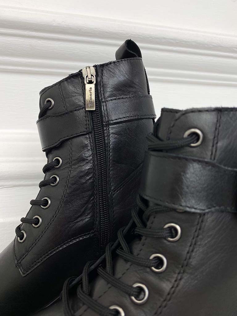 Tamaris Leather Lace Up Buckle Boots - Black