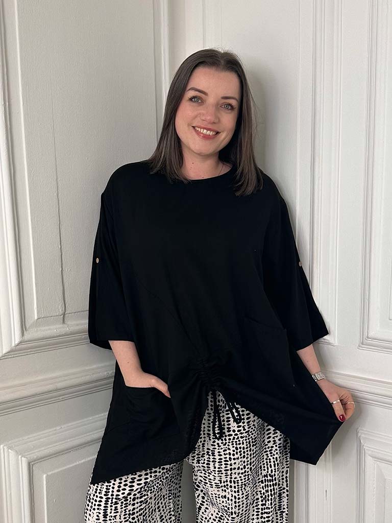 Two Pocket Drawstring Top - Black