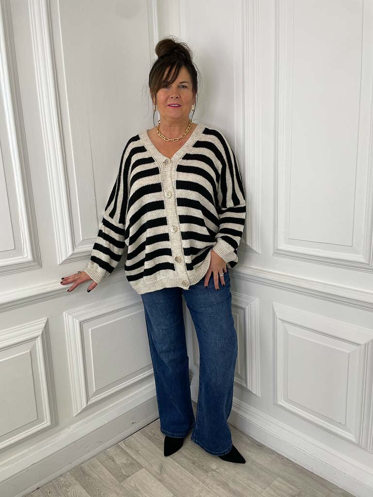 Oversized Striped Cardigan - Black & Stone