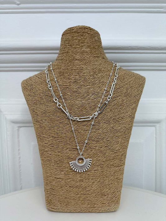 Envy Deco Fan Double Chain Necklace - Silver