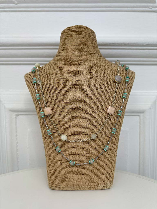 Envy Beaded Double Strand Necklace - Aqua & Blush