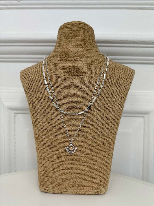 Envy Deco Fan Beaded Short Necklace - Silver