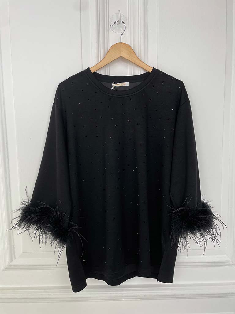 Malissa J Studded and Feather Trim Top - Black