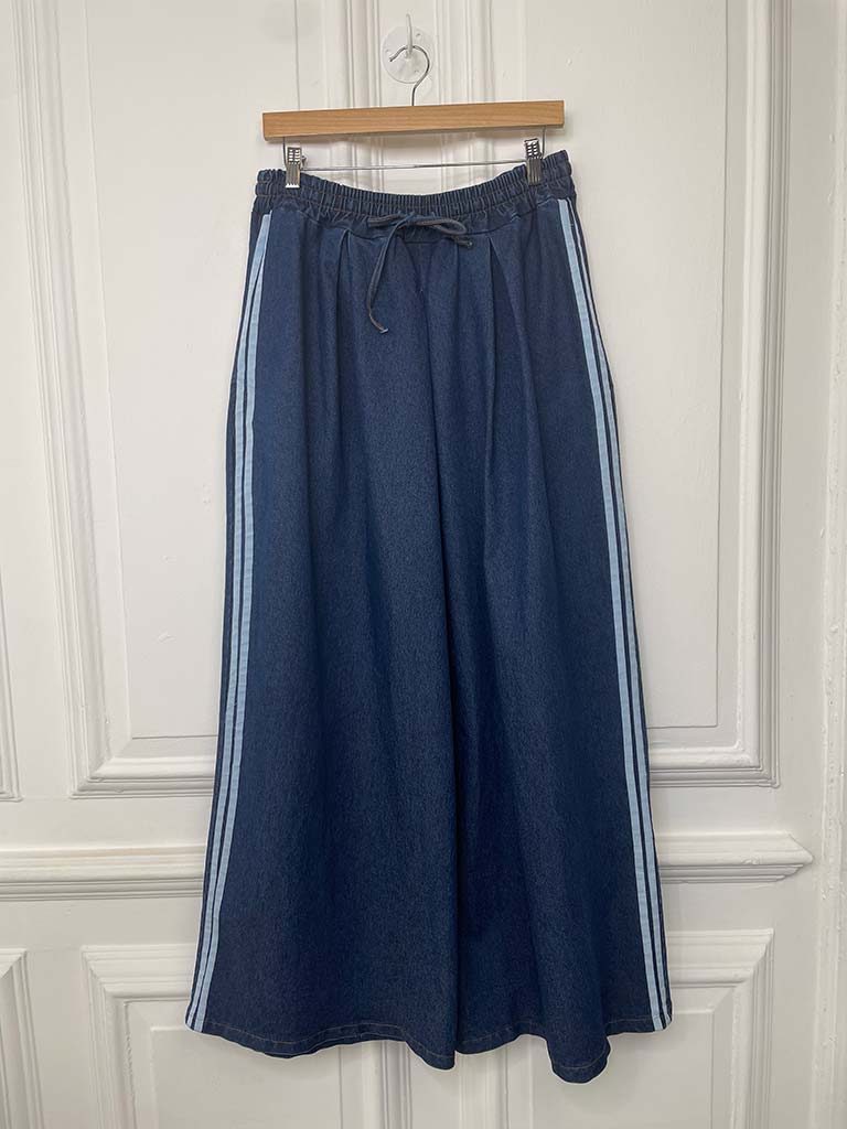 Denim Side Stripe Palazzo Trousers - Classic Blue