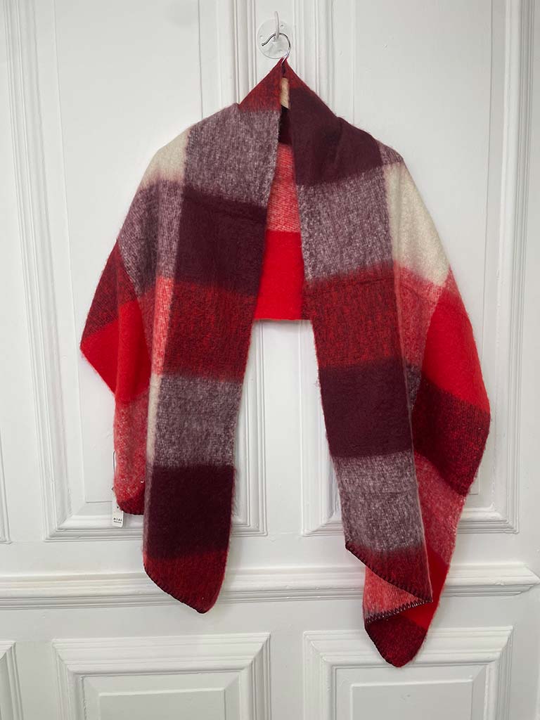 Wool Feel Checkered Blanket Scarf - Lipstick Red