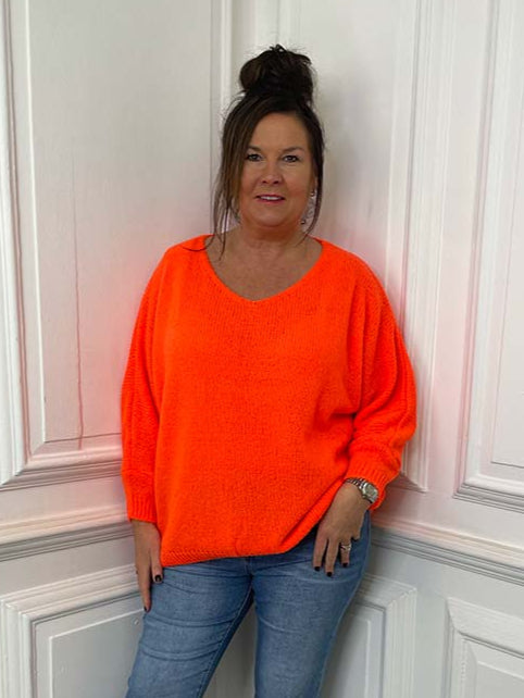 V-Neck Boyfriend Knit - Neon Orange