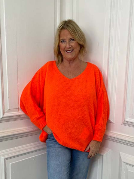 V-Neck Boyfriend Knit - Neon Orange