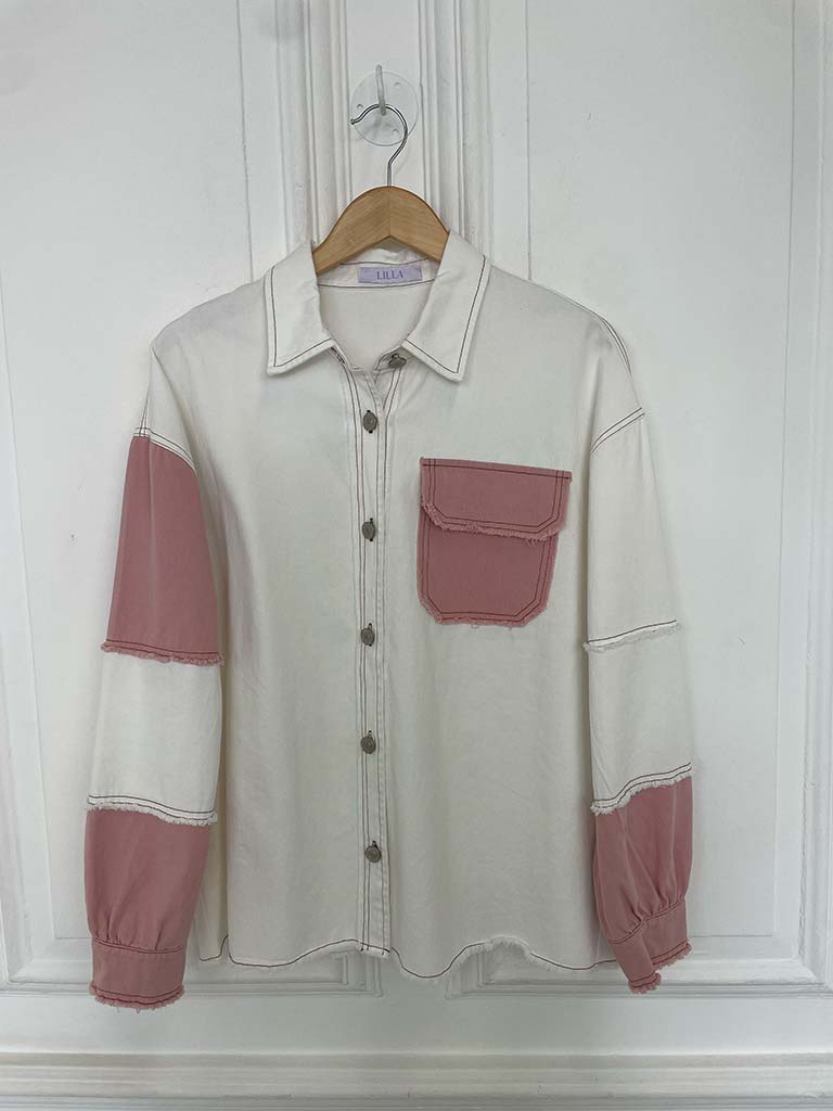 Colour Block Denim Jacket - Pink & White