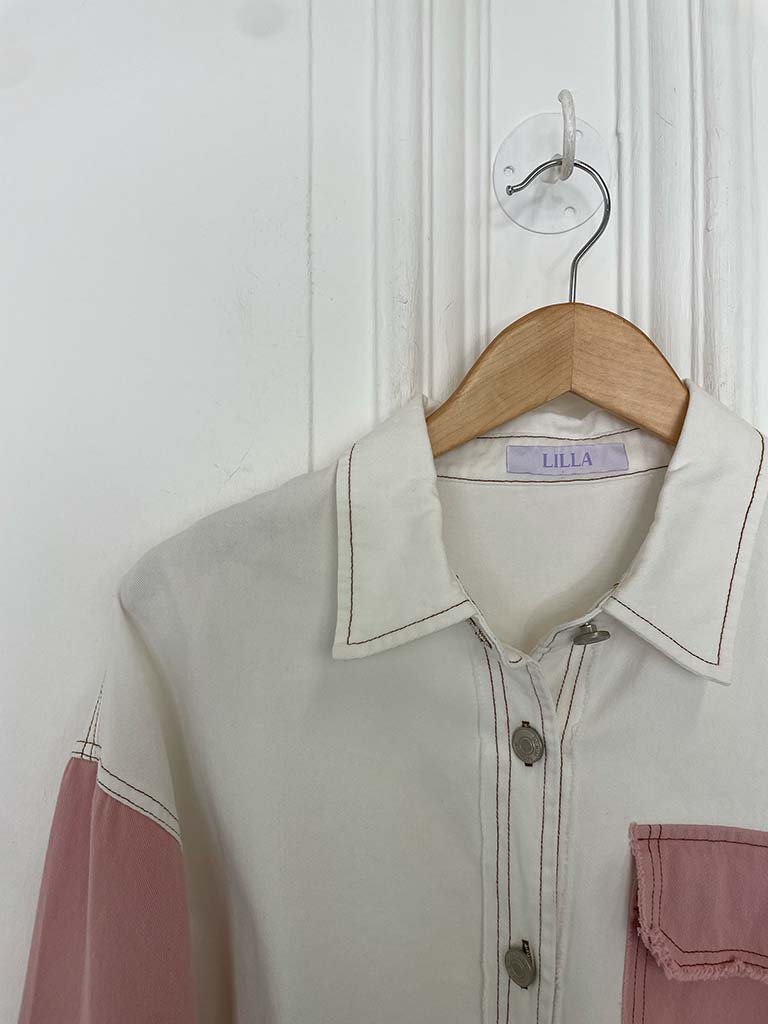 Colour Block Denim Jacket - Pink & White